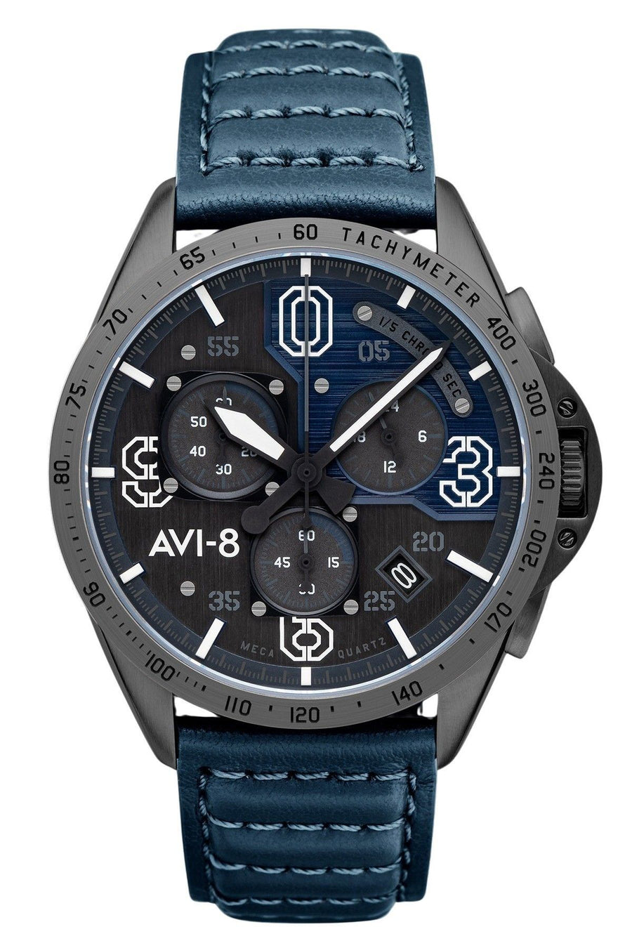 AVI-8 P-51 Mustang Blakeslee Chronograph Fliegerblaue Lederarmband Graues Und Blaues Zifferblatt Quarz AV-4077-04 Herrenuhr