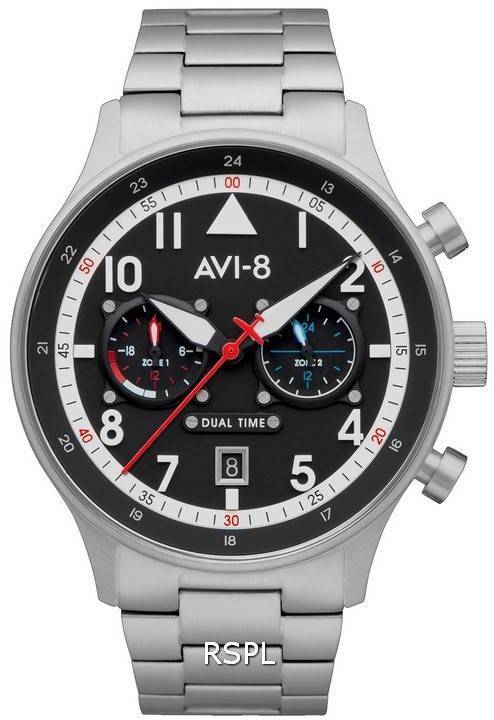 AVI-8 Hawker Hurricane Carey Dual Time Rangoon Schwarz Zifferblatt Quarz AV-4088-11 Herrenuhr