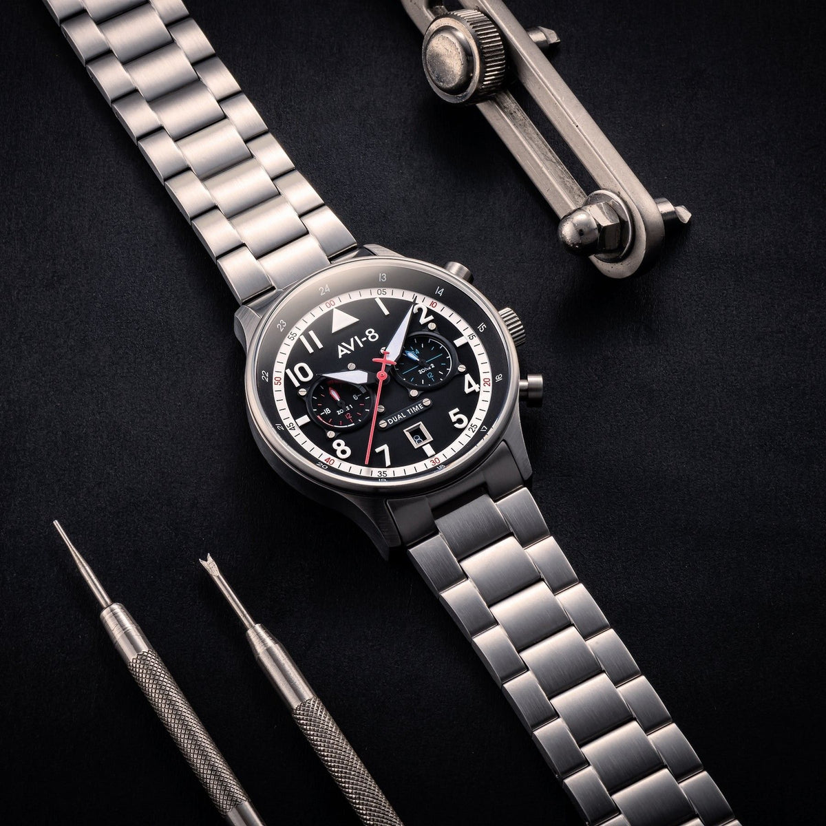 AVI-8 Hawker Hurricane Carey Dual Time Rangoon zwarte wijzerplaat quartz AV-4088-11 Herenhorloge