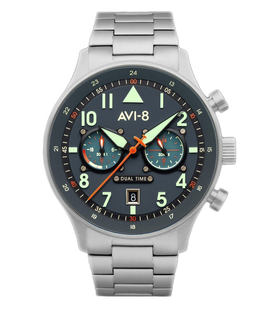 AVI-8 Hawker Hurricane Carey Dual Time Gütersloh Edelstahl Blaues Zifferblatt Quarz AV-4088-22 Herrenuhr