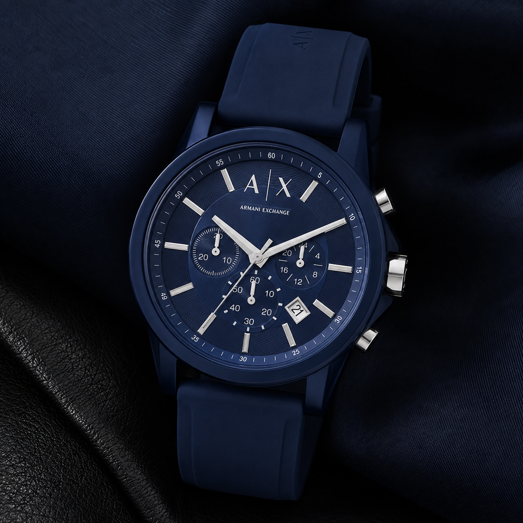 Armani Exchange AX1327 men's watch on dark fabric