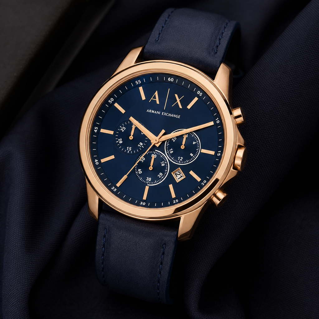 Armani Exchange AX1723 men's watch on navy fabric