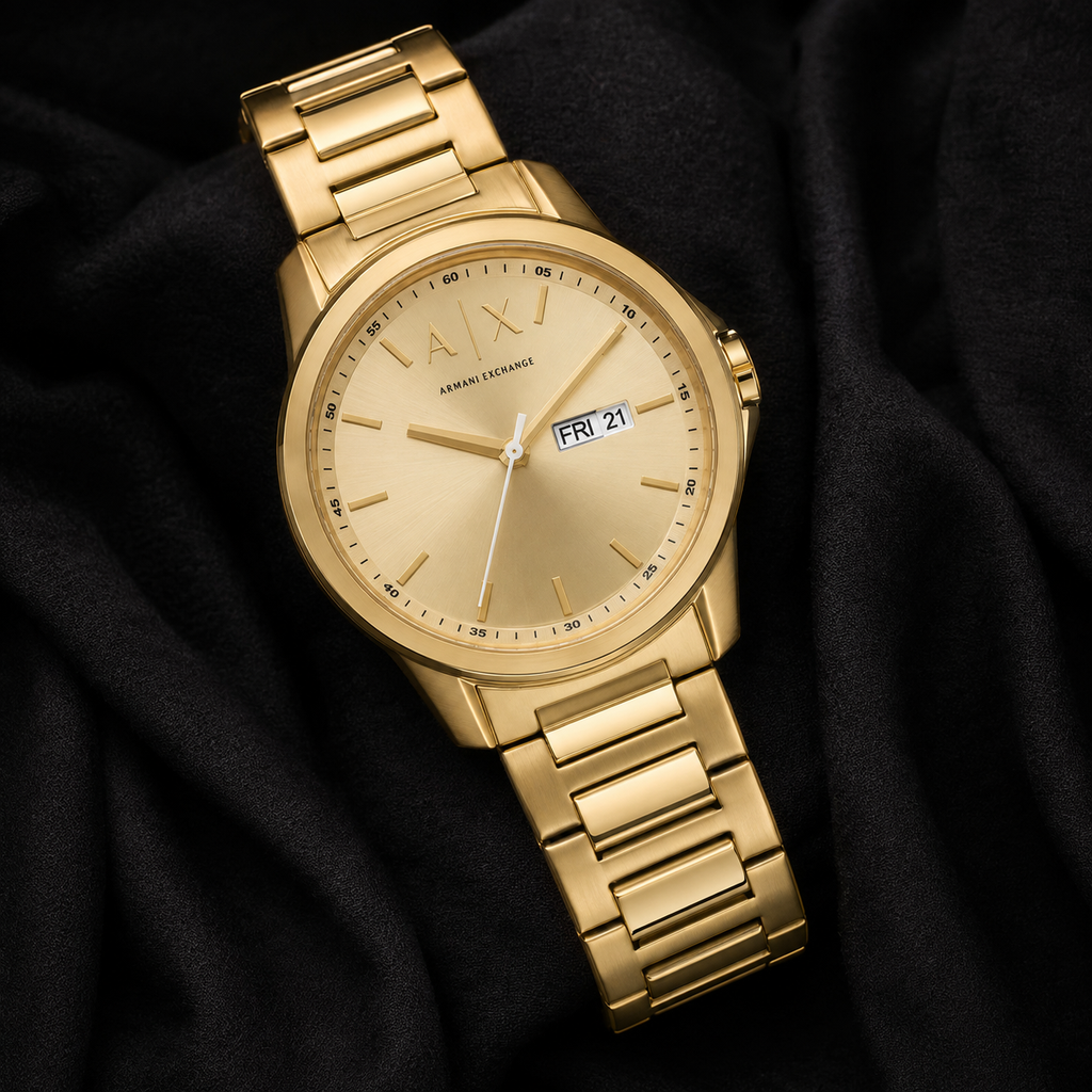 Armani Exchange AX1734 men's gold-tone day-date watch on black fabric