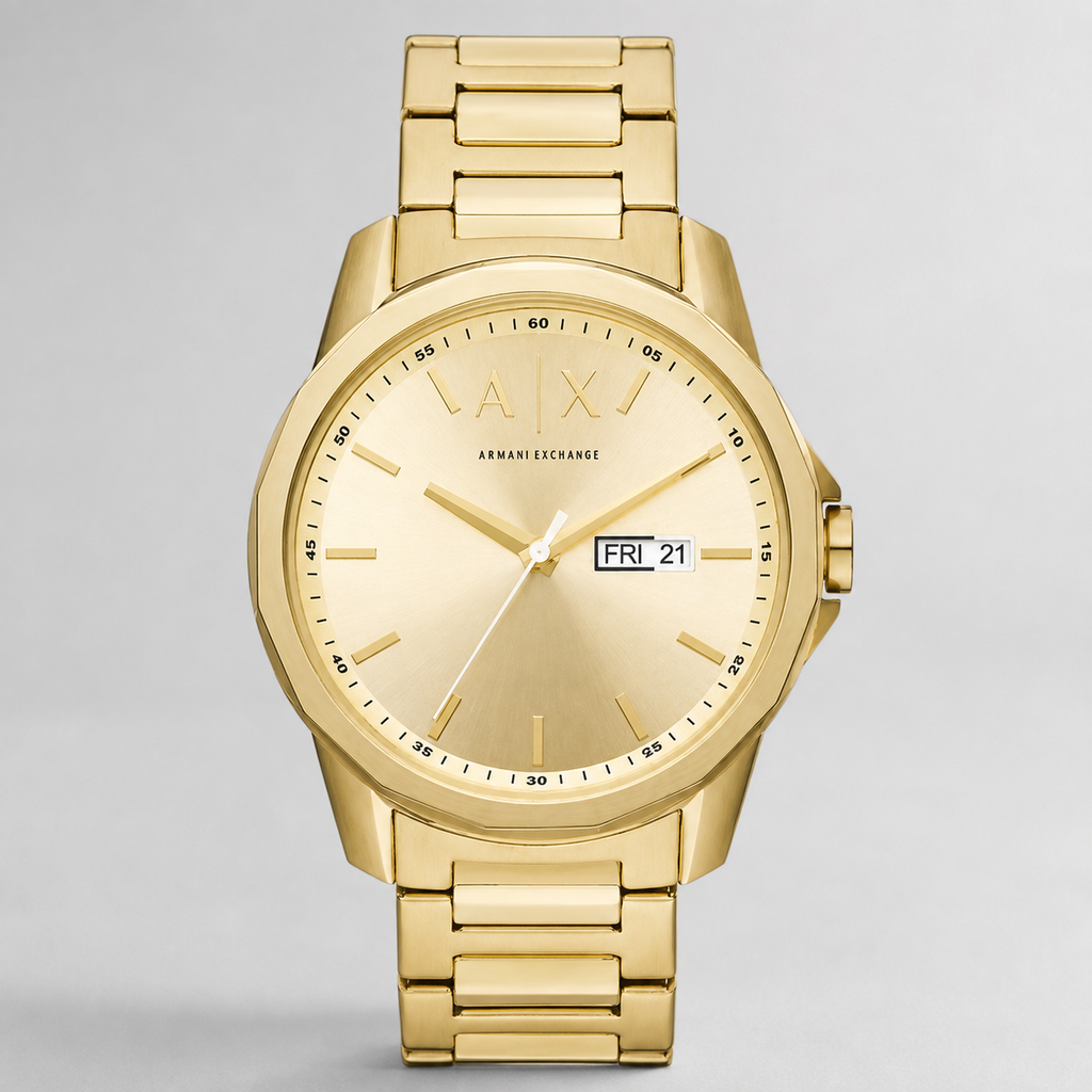 Armani Exchange AX1734 men's gold-tone day-date watch front packshot