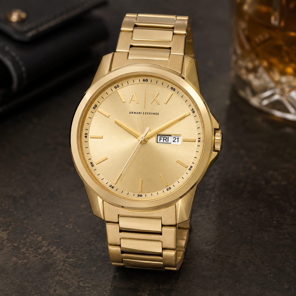 Armani Exchange AX1734 men's gold-tone day-date watch desk lifestyle
