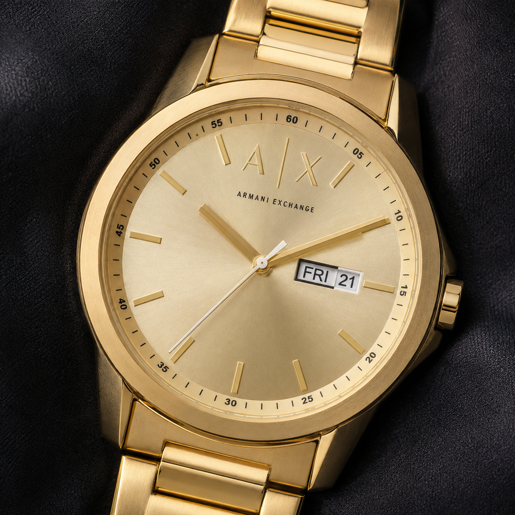 Armani Exchange AX1734 men's gold-tone day-date watch dial macro