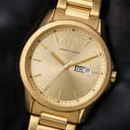 Armani Exchange AX1734 men's gold-tone day-date watch dial macro