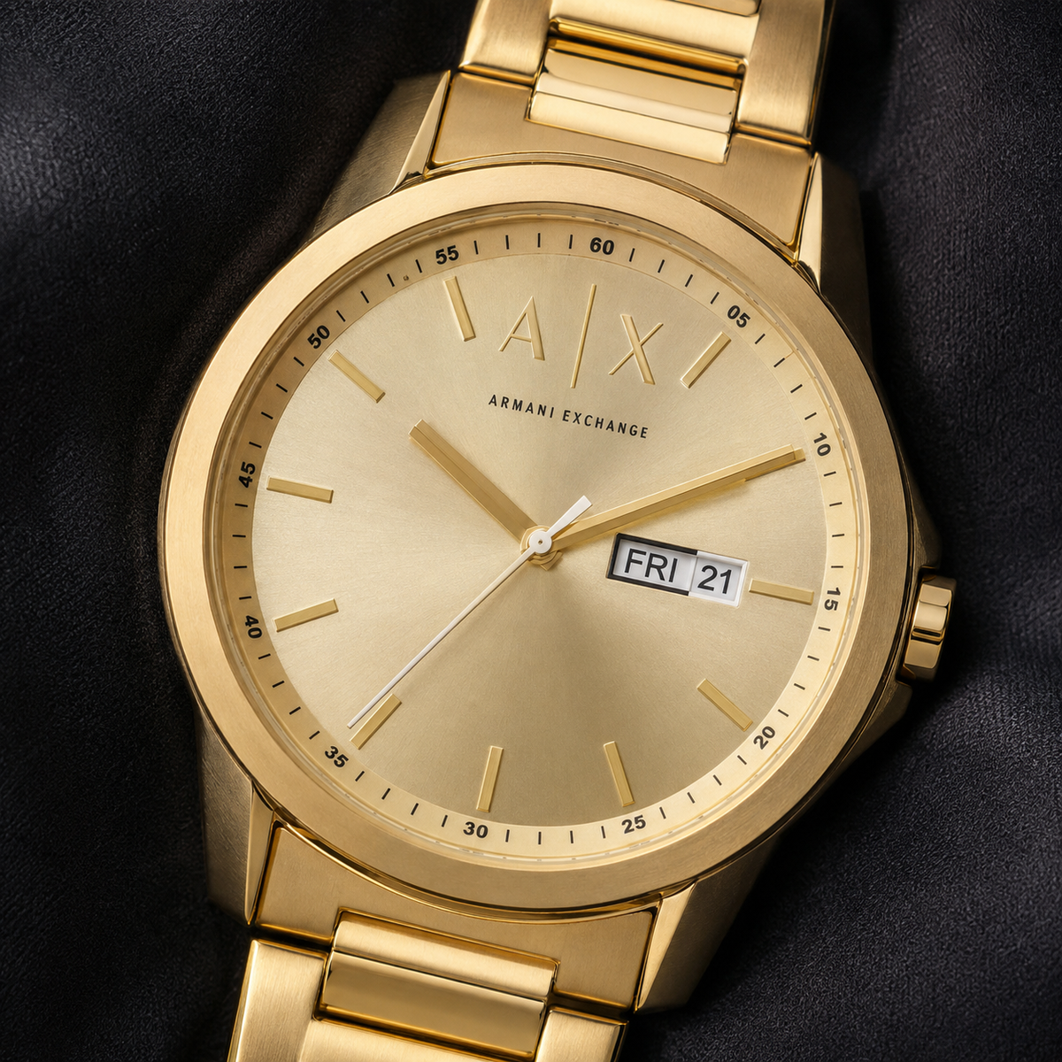 Armani Exchange AX1734 men's gold-tone day-date watch dial macro