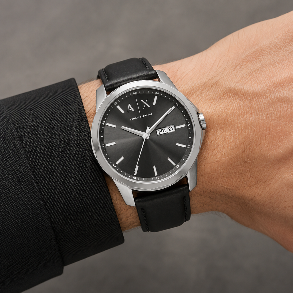 Armani Exchange AX1735 men's black dial day-date watch worn on inner wrist