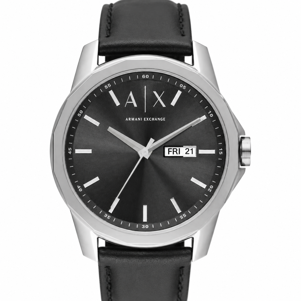 Armani Exchange AX1735 men's black dial day-date watch product close-up