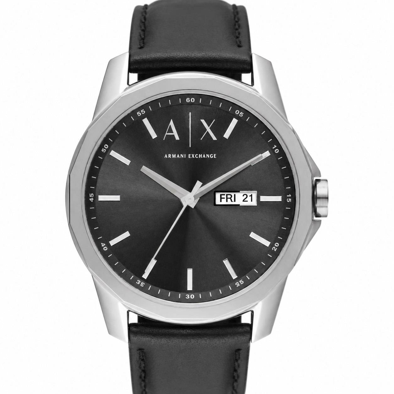 Armani Exchange AX1735 men's black dial day-date watch product close-up