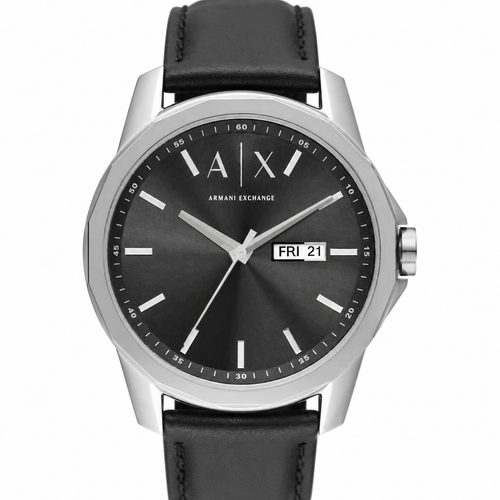 Armani Exchange AX1735 men's black dial day-date watch product close-up