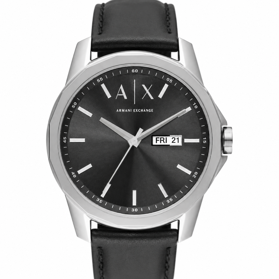 Armani Exchange AX1735 men's black dial day-date watch product close-up