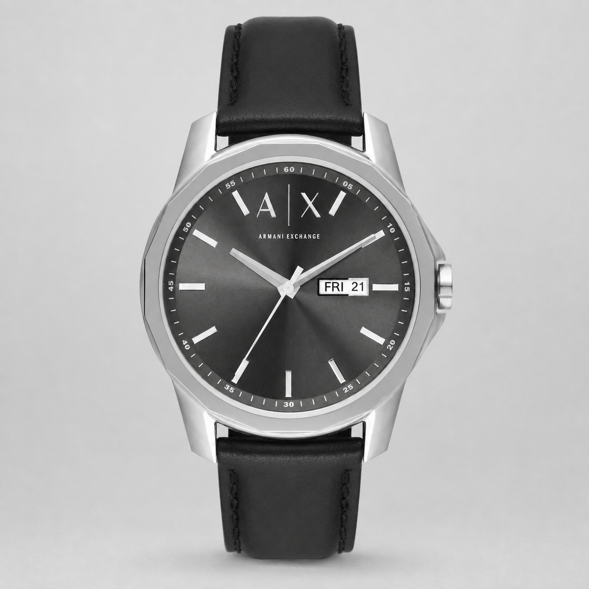 Armani Exchange AX1735 men's black dial day-date watch front packshot