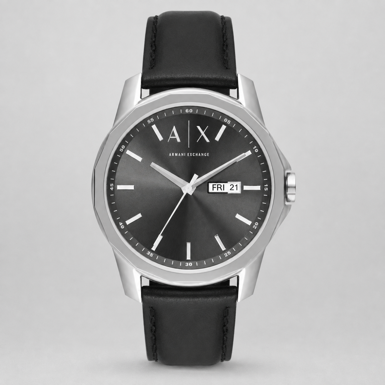 Armani Exchange AX1735 men's black dial day-date watch front packshot