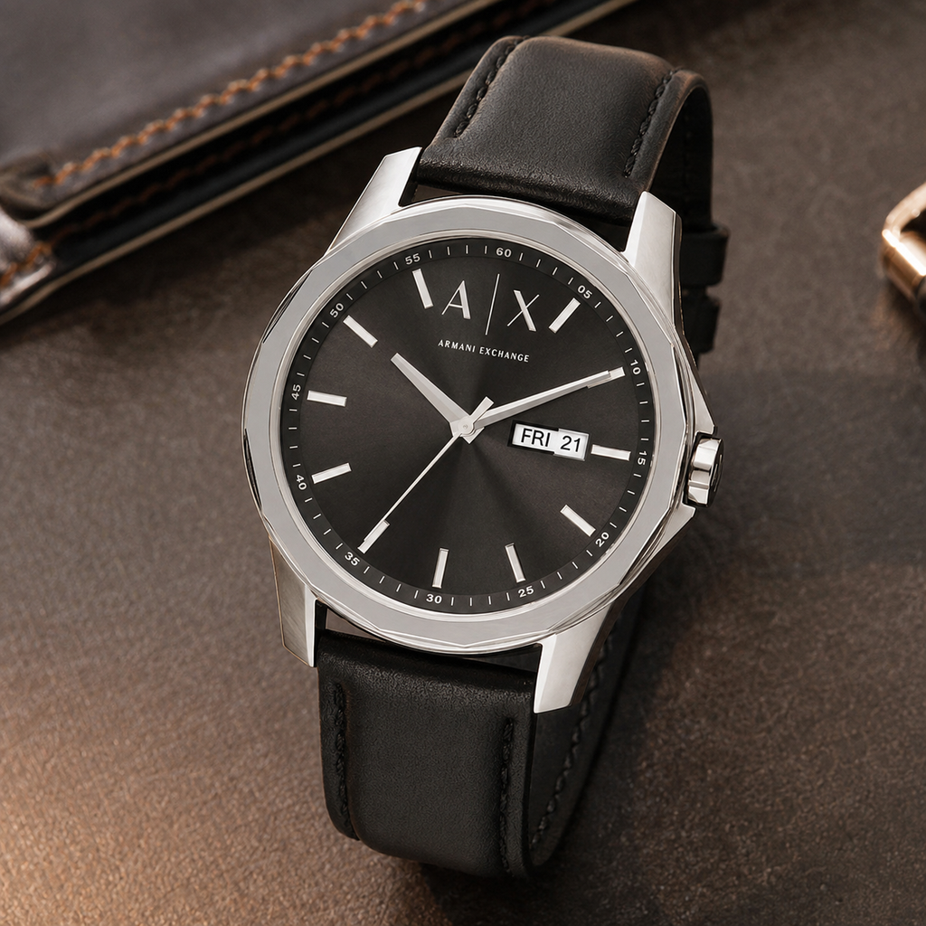 Armani Exchange AX1735 men's black dial day-date watch desk lifestyle