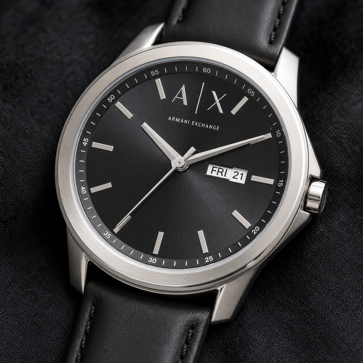 Armani Exchange AX1735 men's black dial day-date watch dial macro