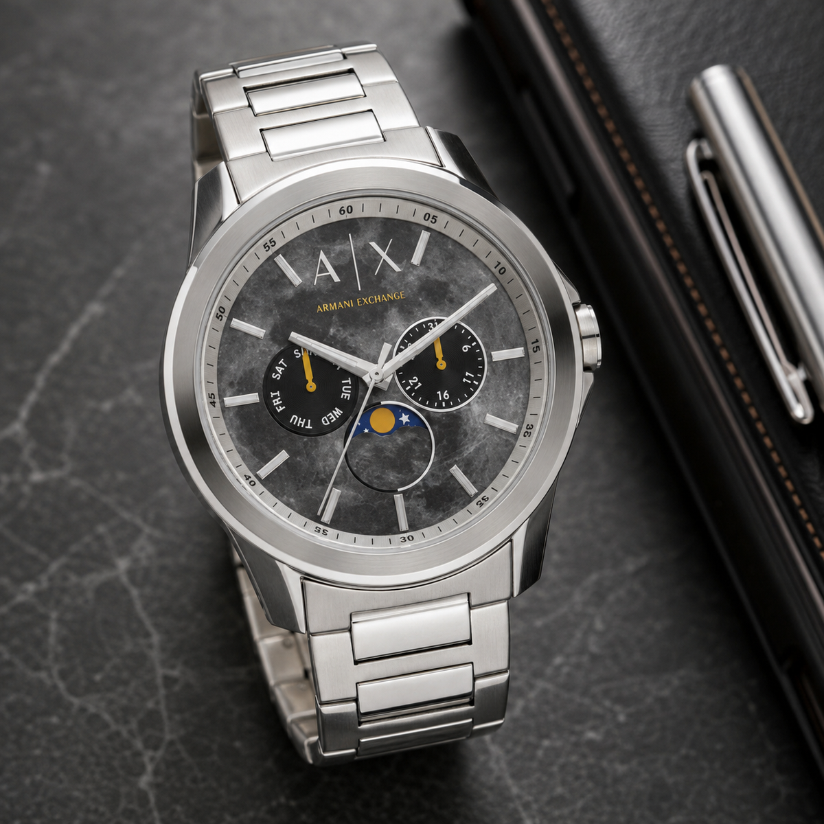 Armani Exchange AX1736 men's marble dial multifunction watch desk scene