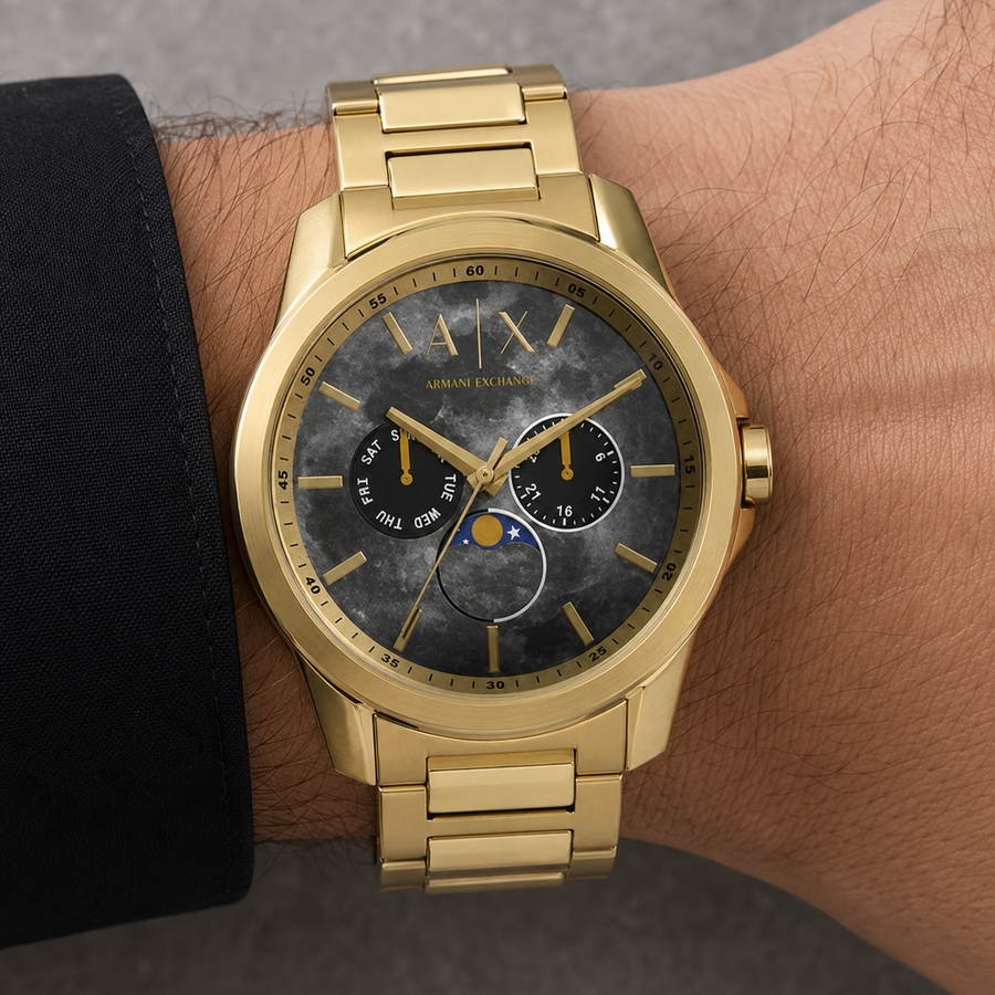 Armani Exchange AX1737 men's gold-tone marble dial watch worn on inner wrist