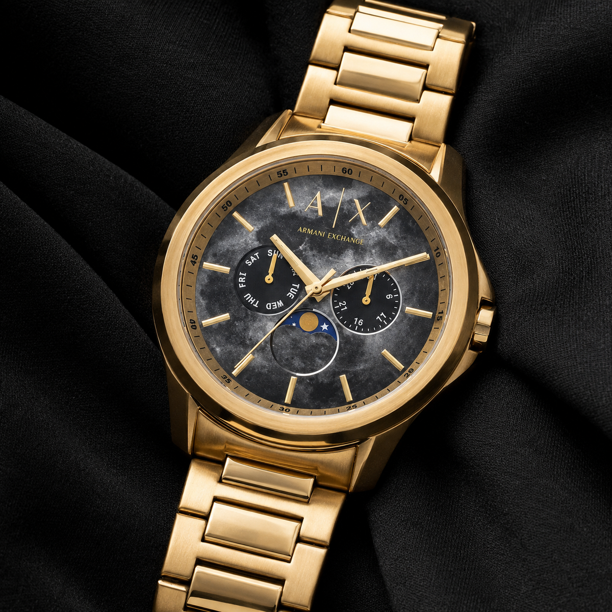 Armani Exchange AX1737 men's gold-tone marble dial multifunction watch lifestyle