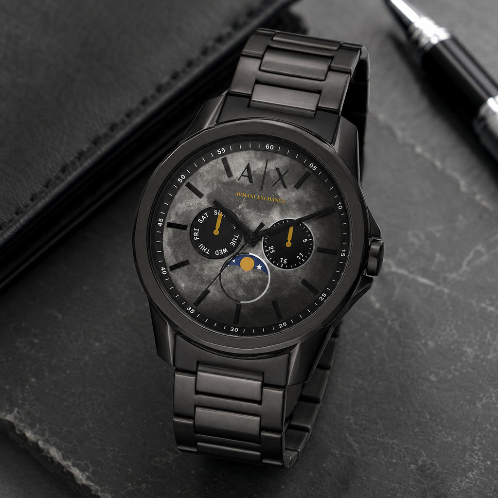 Armani Exchange AX1738 men's black multifunction watch desk scene