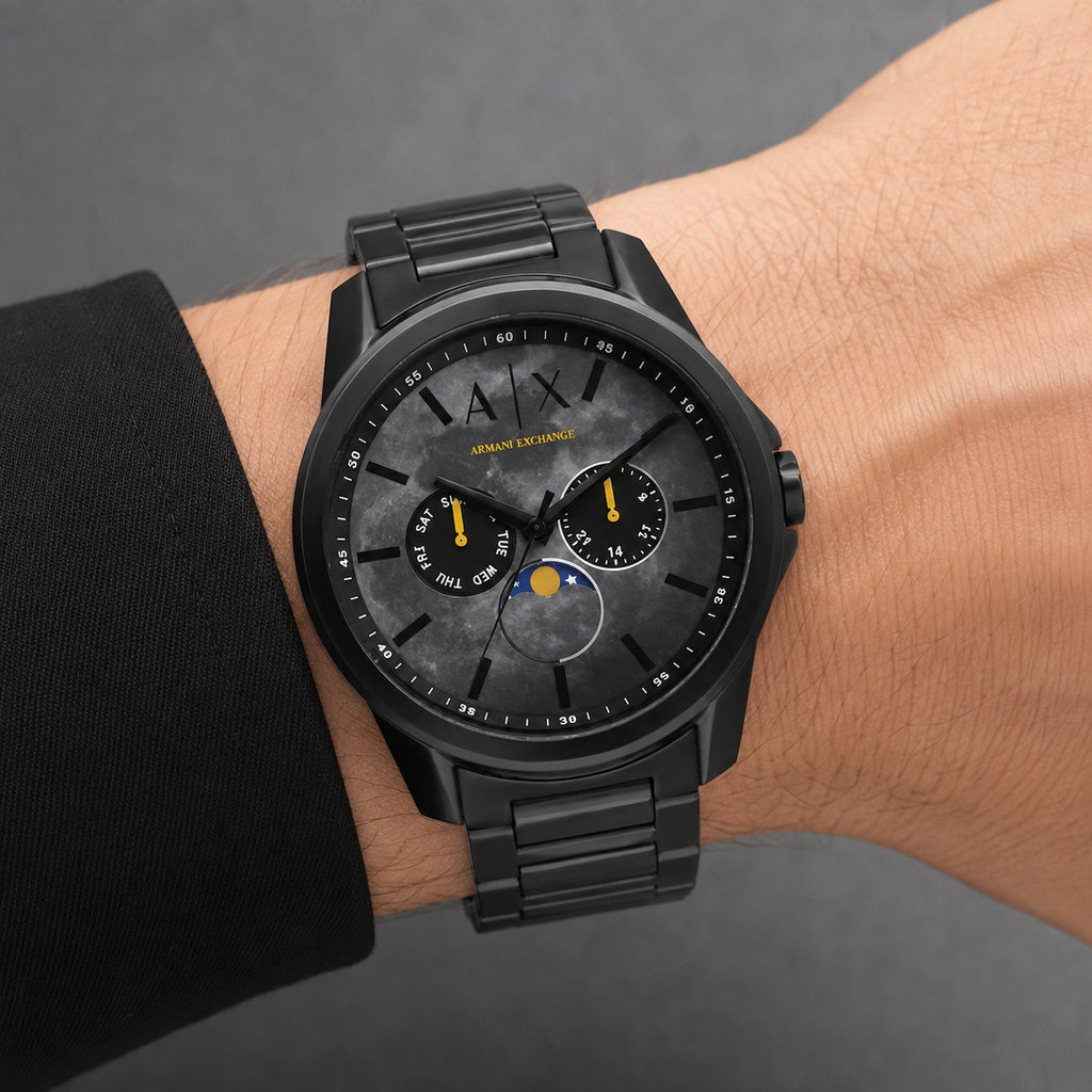 Armani Exchange AX1738 men's black multifunction watch worn on inner wrist