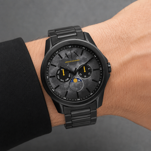 Armani Exchange AX1738 men's black multifunction watch worn on inner wrist