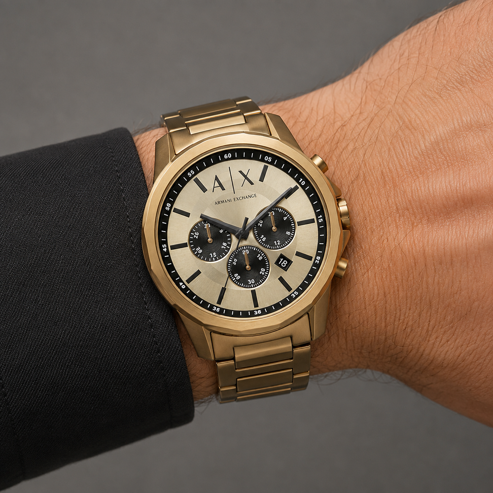 Armani Exchange AX1739 rose-gold chronograph watch worn on inner wrist