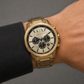 Armani Exchange AX1739 rose-gold chronograph watch worn on inner wrist