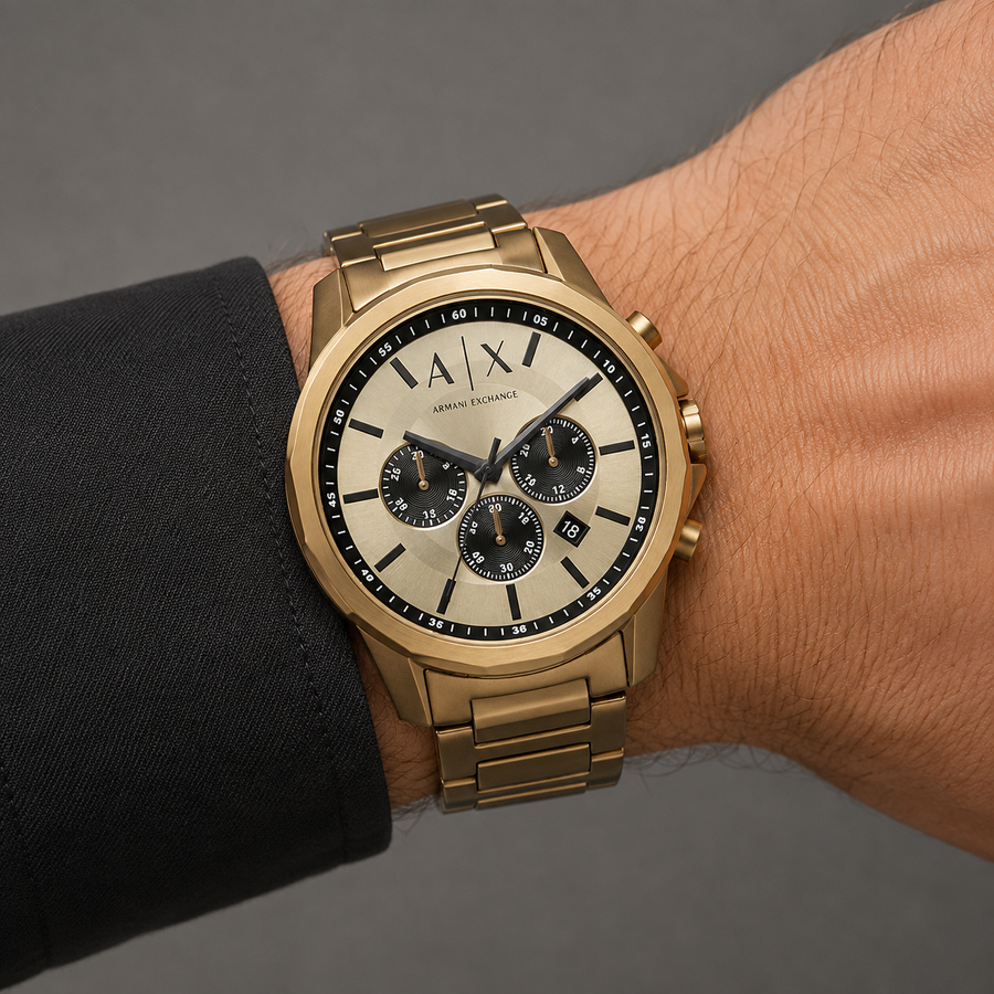 Armani Exchange AX1739 rose-gold chronograph watch worn on inner wrist