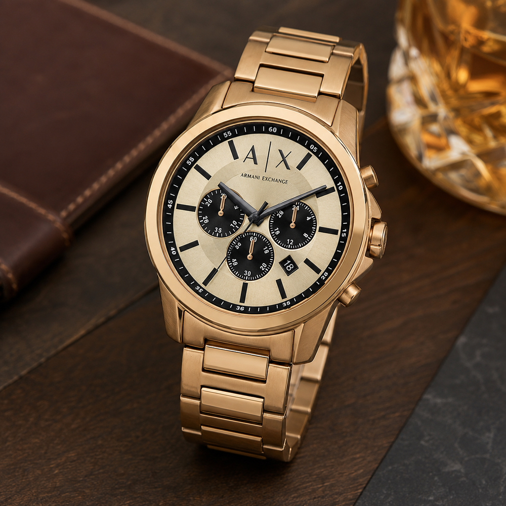Armani Exchange AX1739 rose-gold chronograph watch desk lifestyle