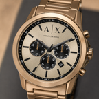 Armani Exchange AX1739 rose-gold chronograph watch dial macro