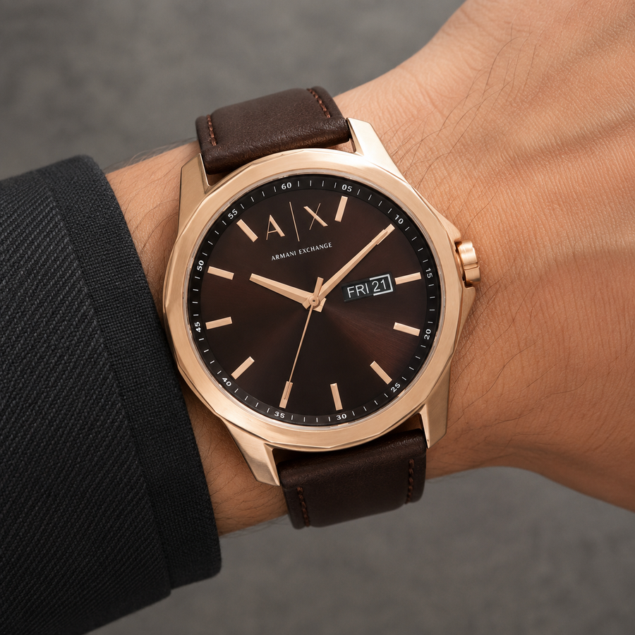 Armani Exchange AX1740 rose-gold brown day-date watch worn on inner wrist