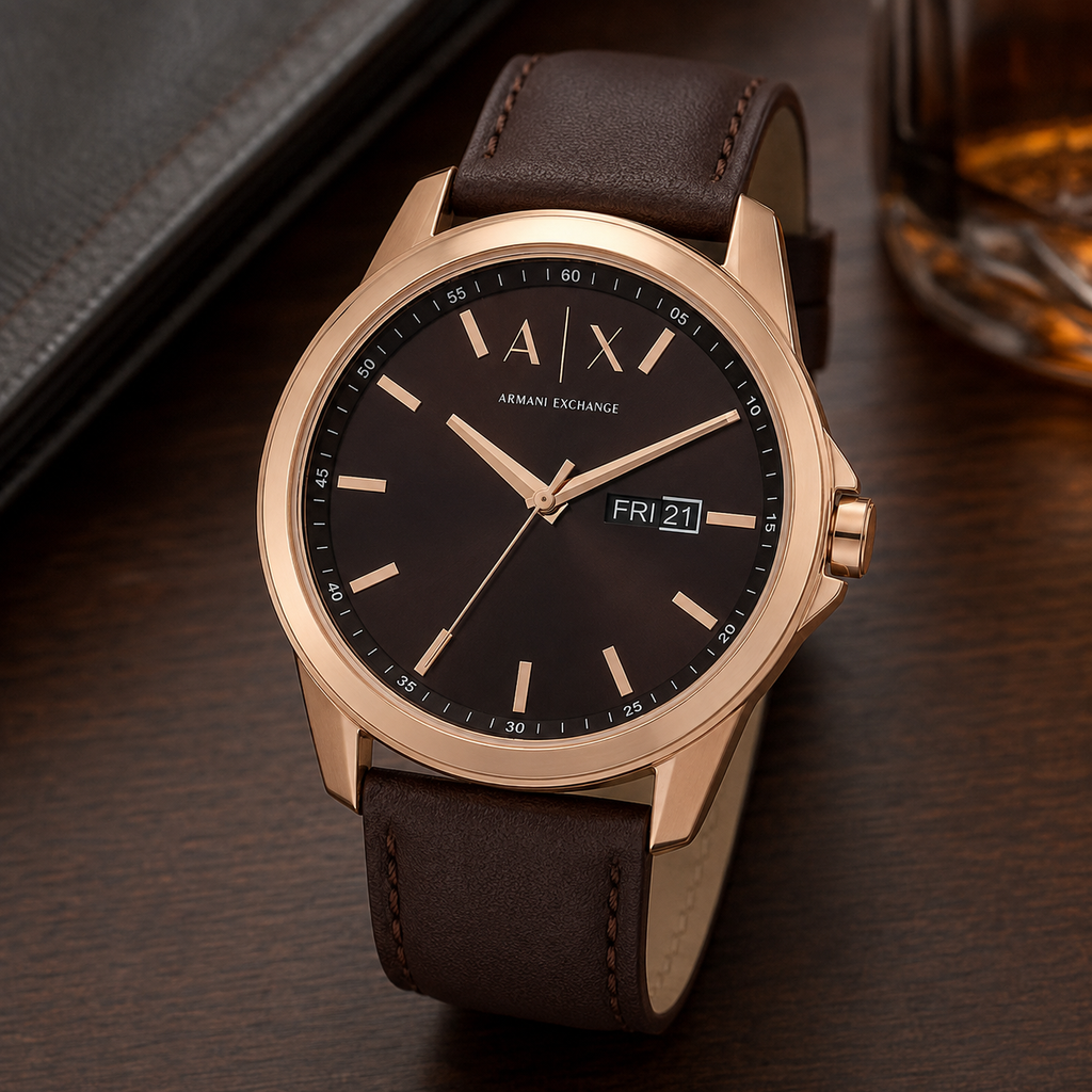 Armani Exchange AX1740 rose-gold brown day-date watch desk scene