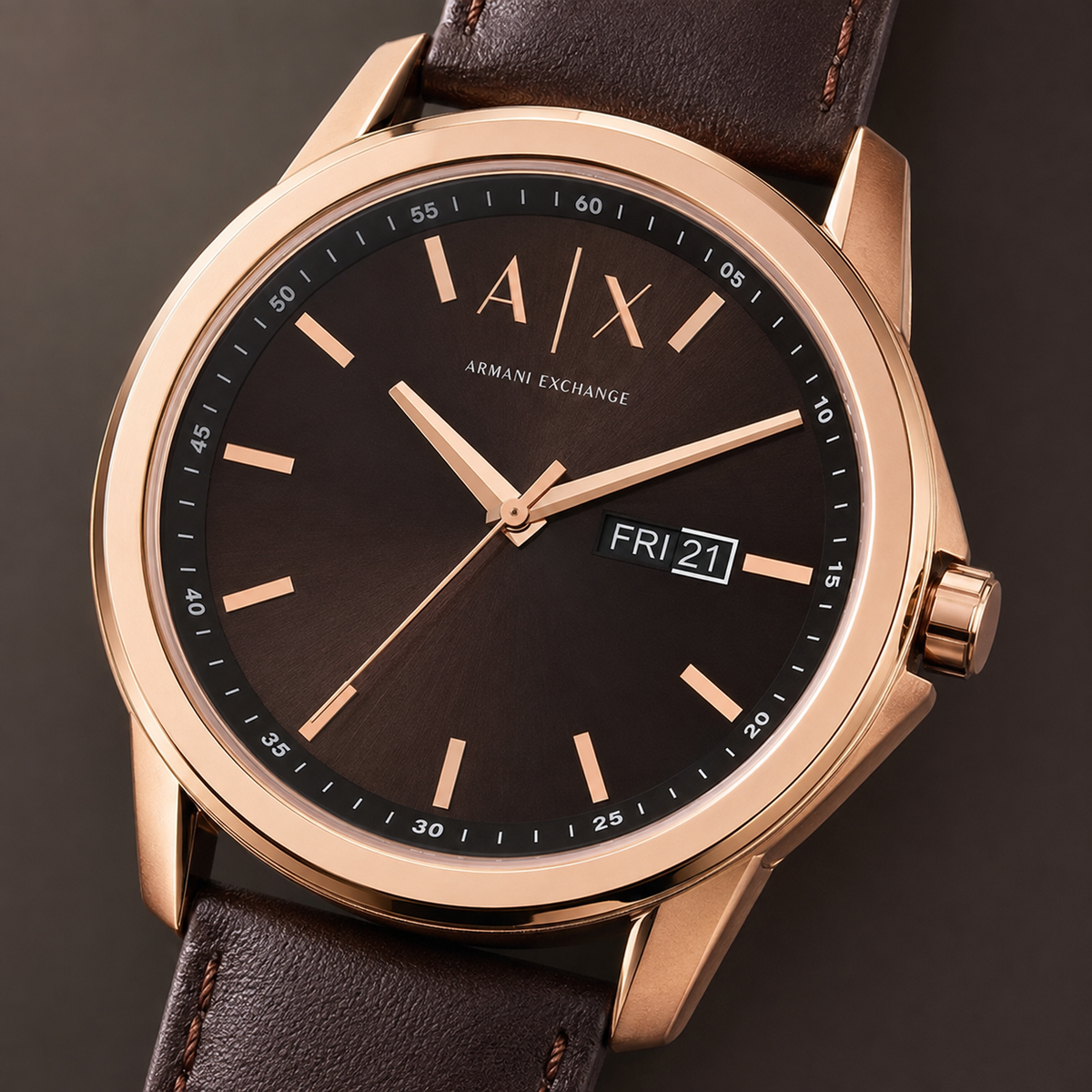 Armani Exchange AX1740 rose-gold brown day-date watch macro