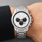 Armani Exchange AX1742 silver chronograph watch worn on inner wrist