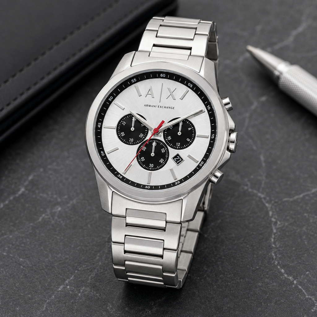 Armani Exchange AX1742 silver chronograph watch desk scene