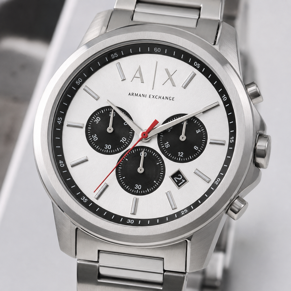 Armani Exchange AX1742 silver chronograph watch macro