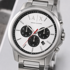 Armani Exchange AX1742 silver chronograph watch macro