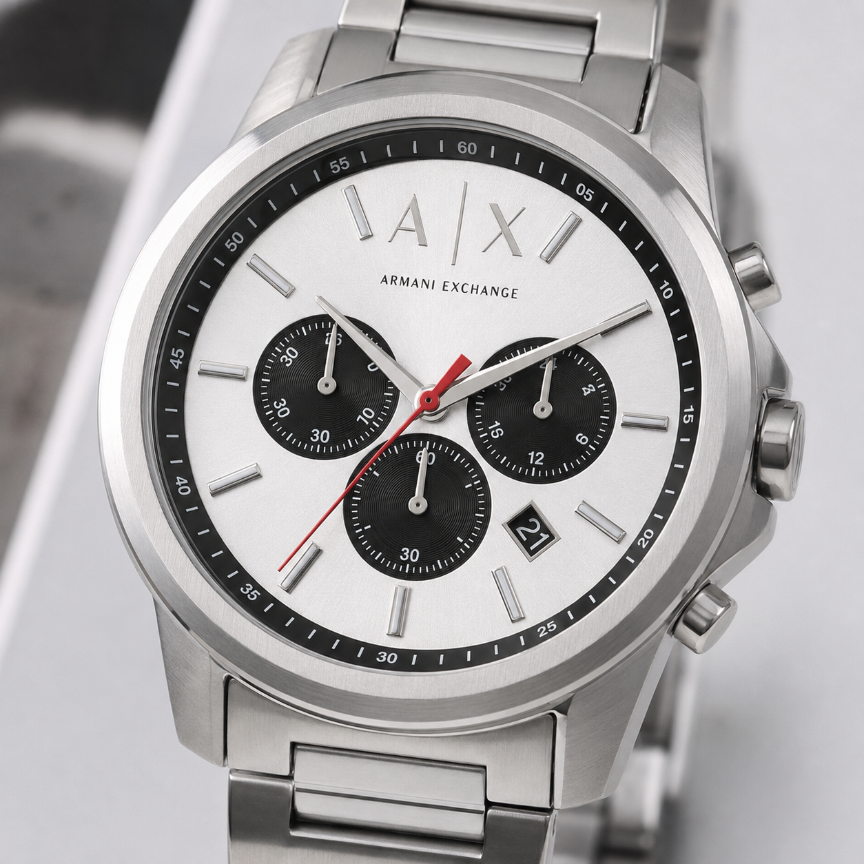 Armani Exchange AX1742 silver chronograph watch macro