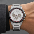 Armani Exchange AX1745 burgundy silver chronograph worn on inner wrist