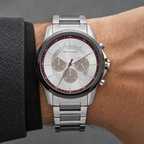 Armani Exchange AX1745 burgundy silver chronograph worn on inner wrist