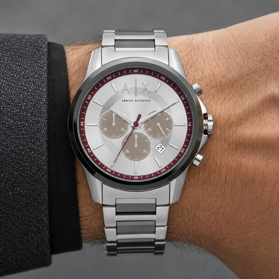 Armani Exchange AX1745 burgundy silver chronograph worn on inner wrist