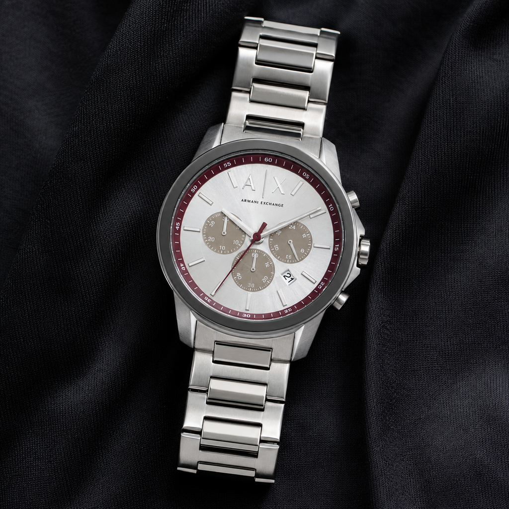Armani Exchange AX1745 burgundy silver chronograph lifestyle