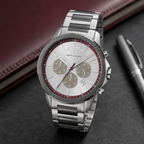 Armani Exchange AX1745 burgundy silver chronograph desk scene