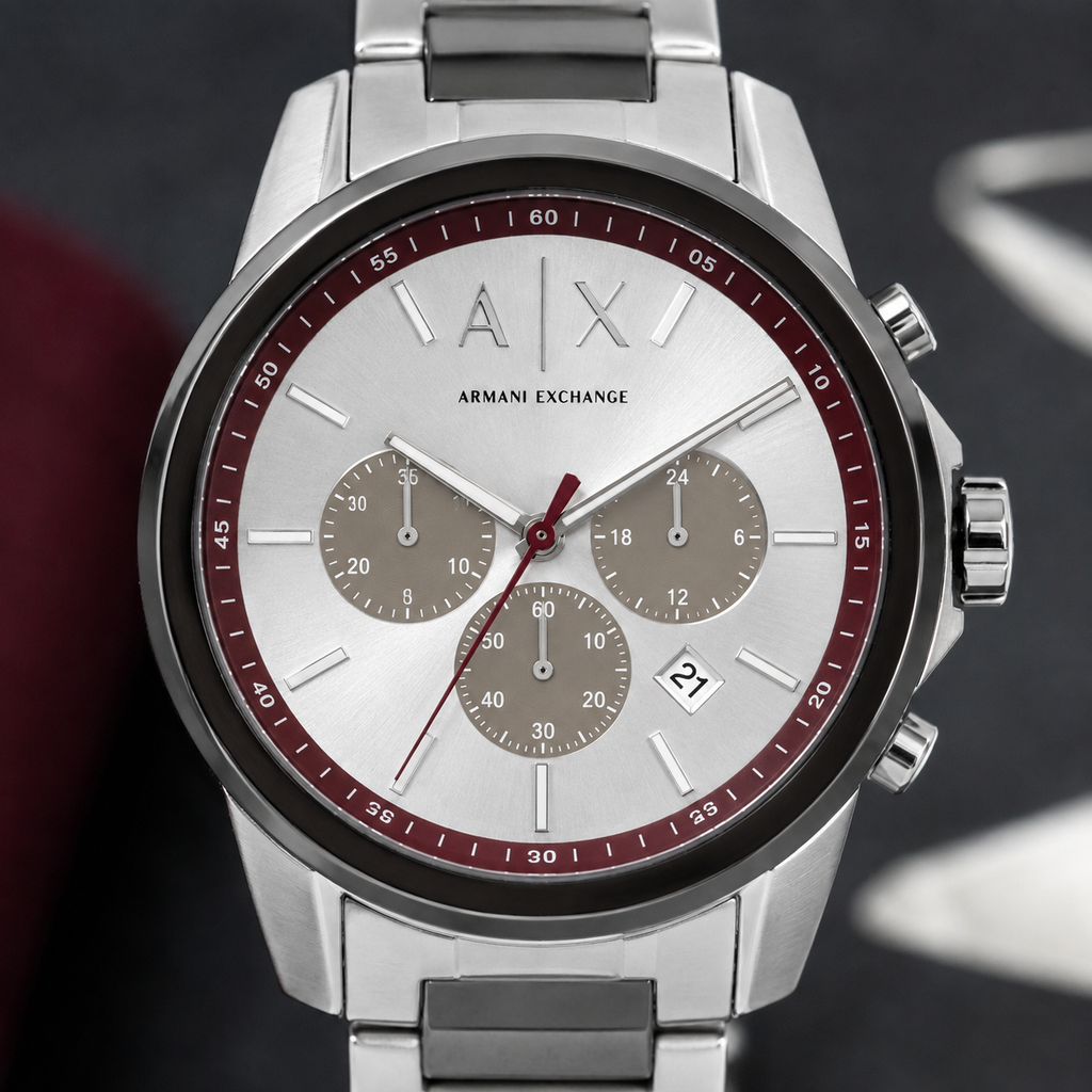 Armani Exchange AX1745 burgundy silver chronograph macro