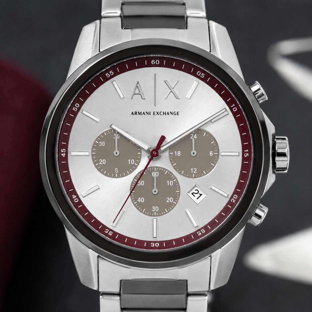 Armani Exchange AX1745 burgundy silver chronograph macro