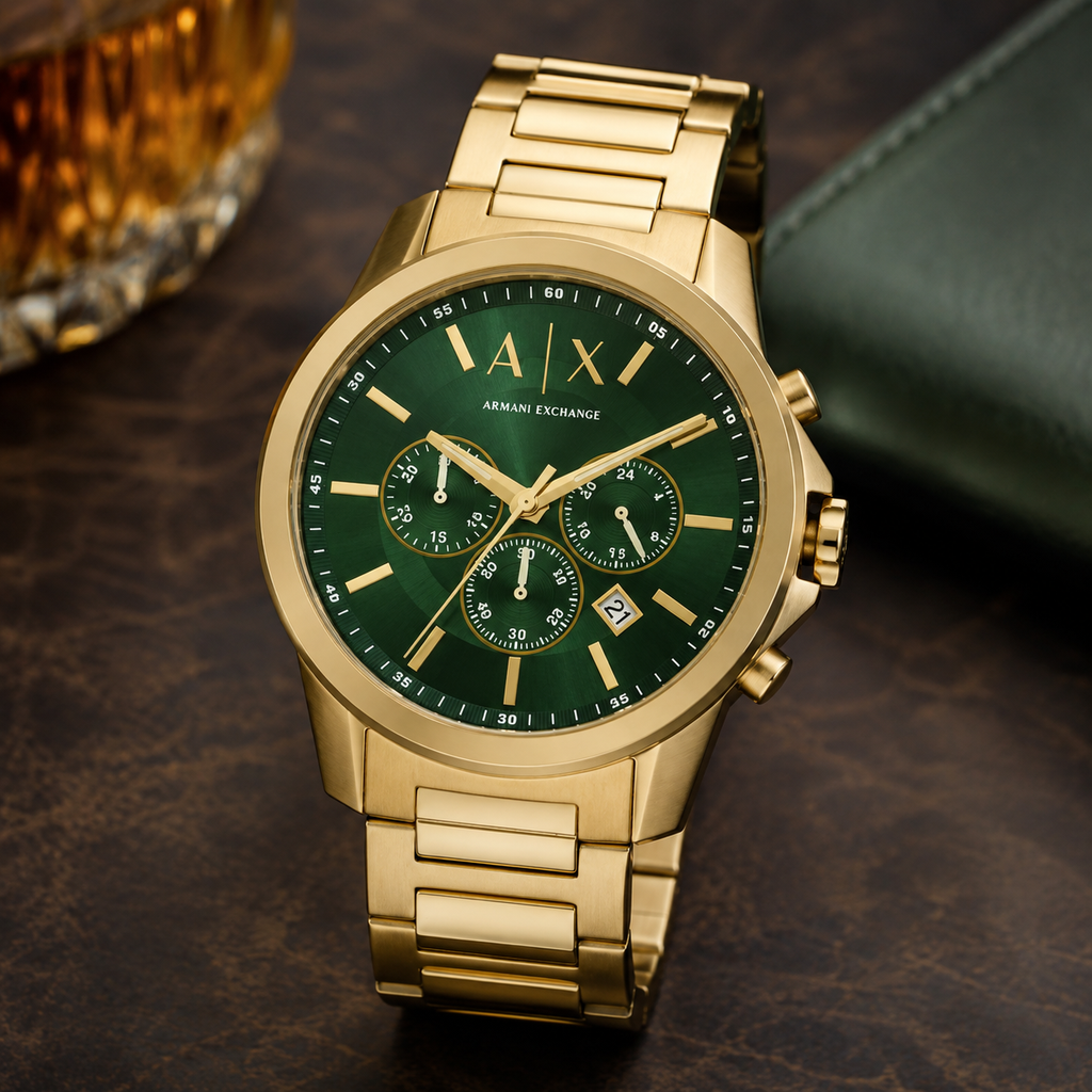 Armani Exchange AX1746 gold green chronograph desk scene