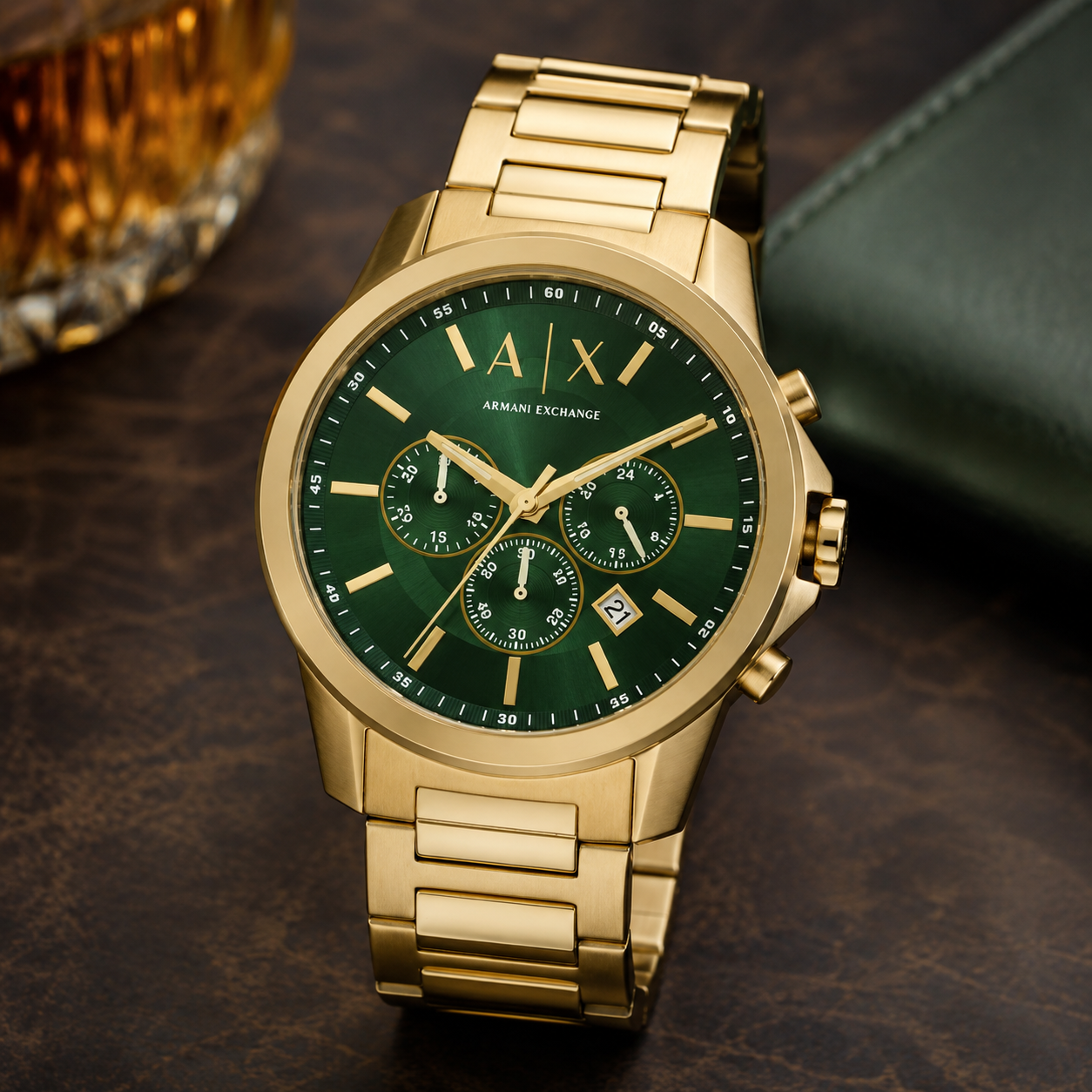 Armani Exchange AX1746 gold green chronograph desk scene