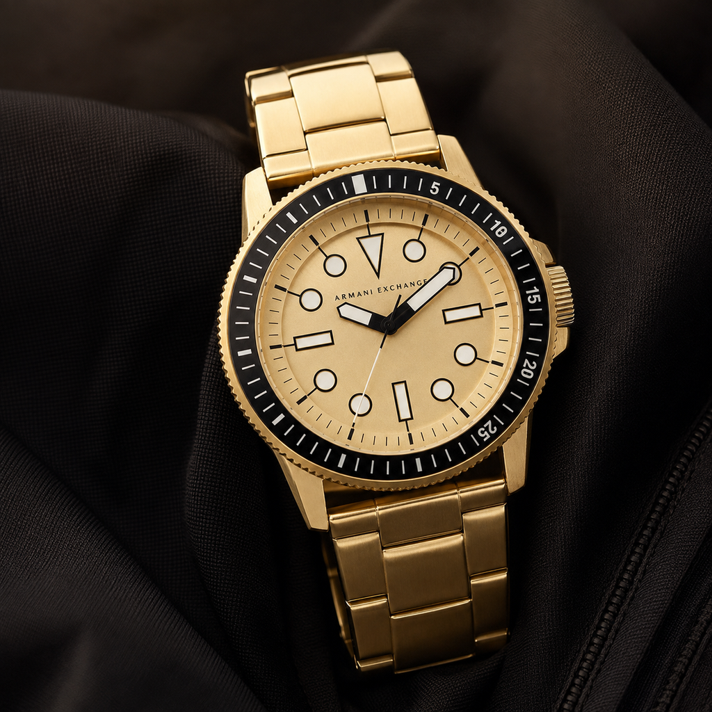 AX1854 men's gold-tone dive-style watch editorial lifestyle view